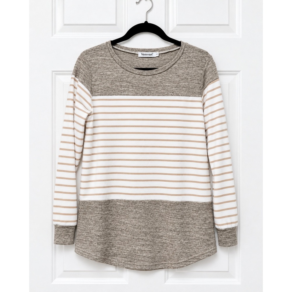 Vemvan Womens Small Colorblock Striped Long Sleeve Top Heathered Tan White S